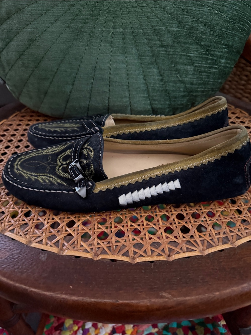 Tod’s Made in Italy Black Suede Chartreuse Western Embroidered Loafer Moccasins